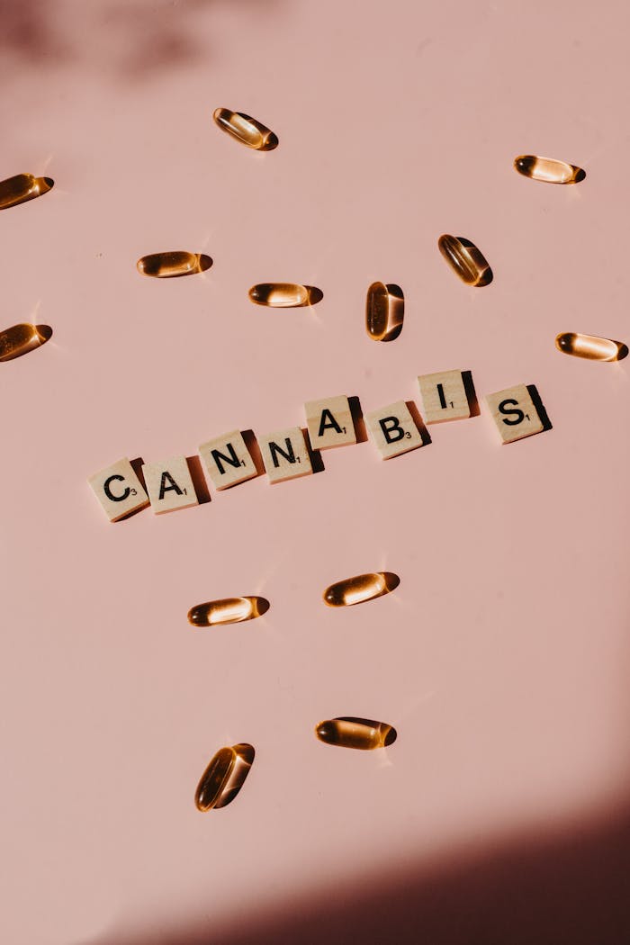 Creative arrangement of cannabis capsules and Scrabble tiles on a light background.